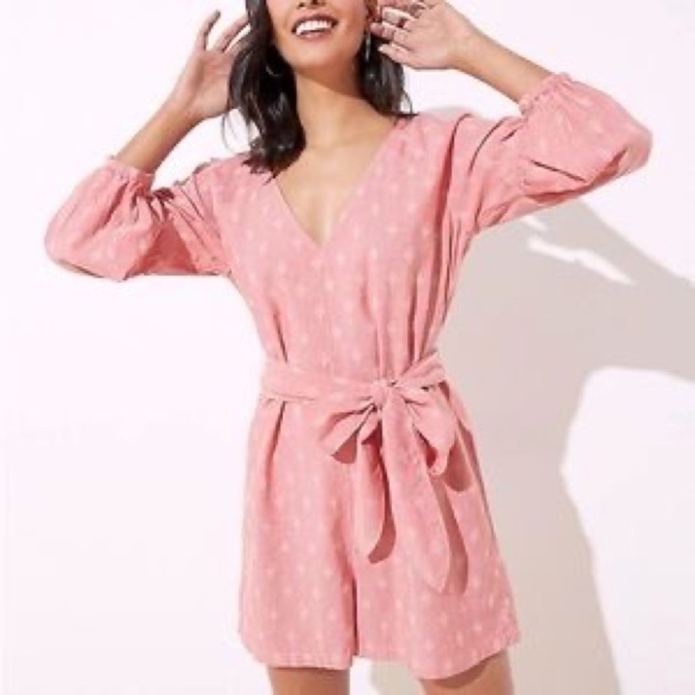LOFT BEACH Pink Geo Clip Tie Waist Romper Grapefruit Spritz NWT Size Small
